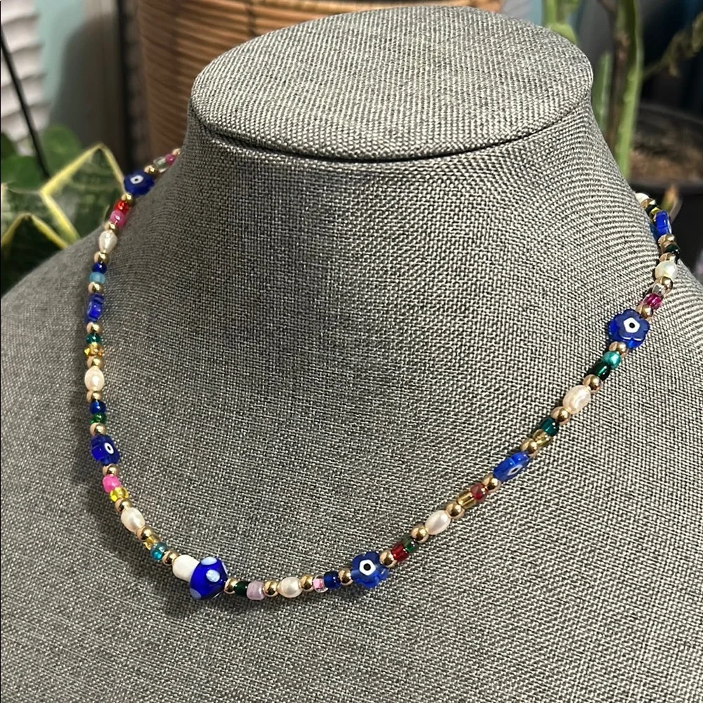 ✨ Handmade freshwater pearl + evil eye flower Multicolor Beaded Necklace…
